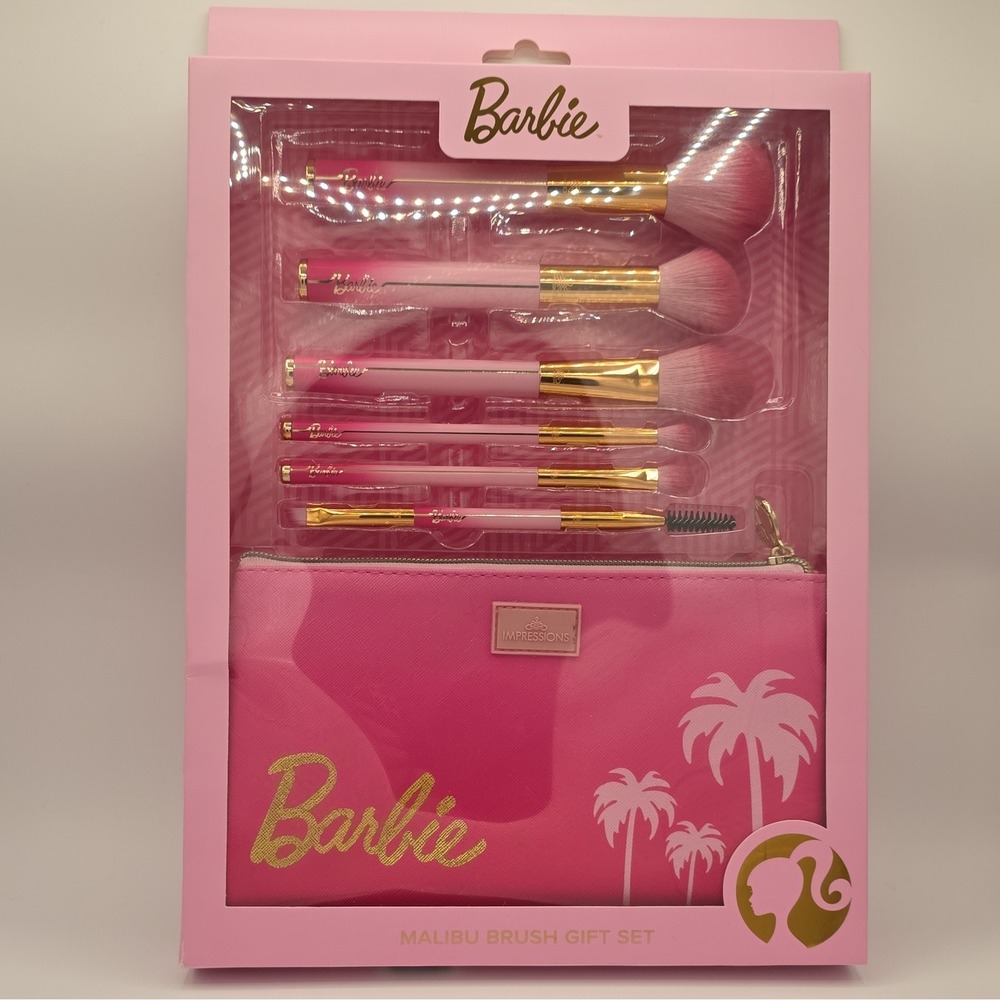 Barbie x Impressions Malibu 6pc Makeup Brush Set Pink Gold Pouch NIB